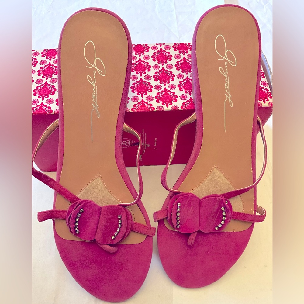 Gwyneth flat Swede slide size 12 for women pink color with rhinestone petals.